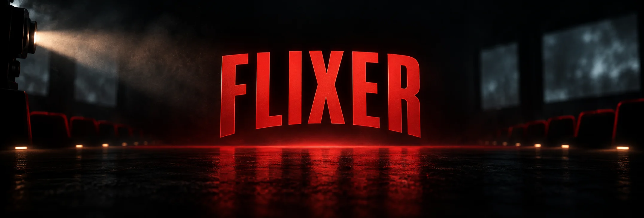 FLIXER in red cinematic lettering against a dark projected-light background